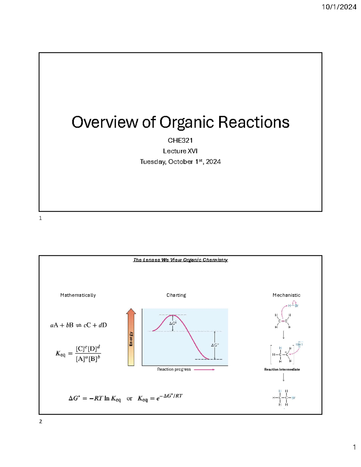 321Lecture 20241001 - bjjbjn - Overview of Organic Reactions CHE ...