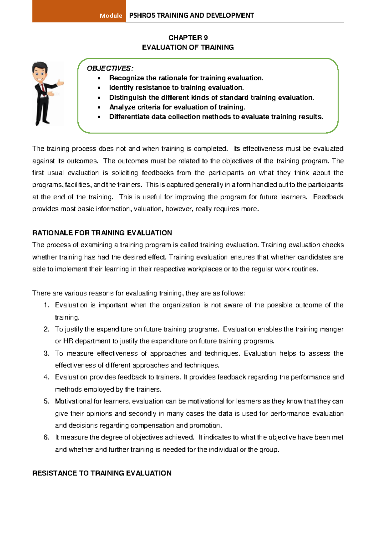 Chapter 9 Evaluation OF Training - CHAPTER 9 EVALUATION OF TRAINING The ...