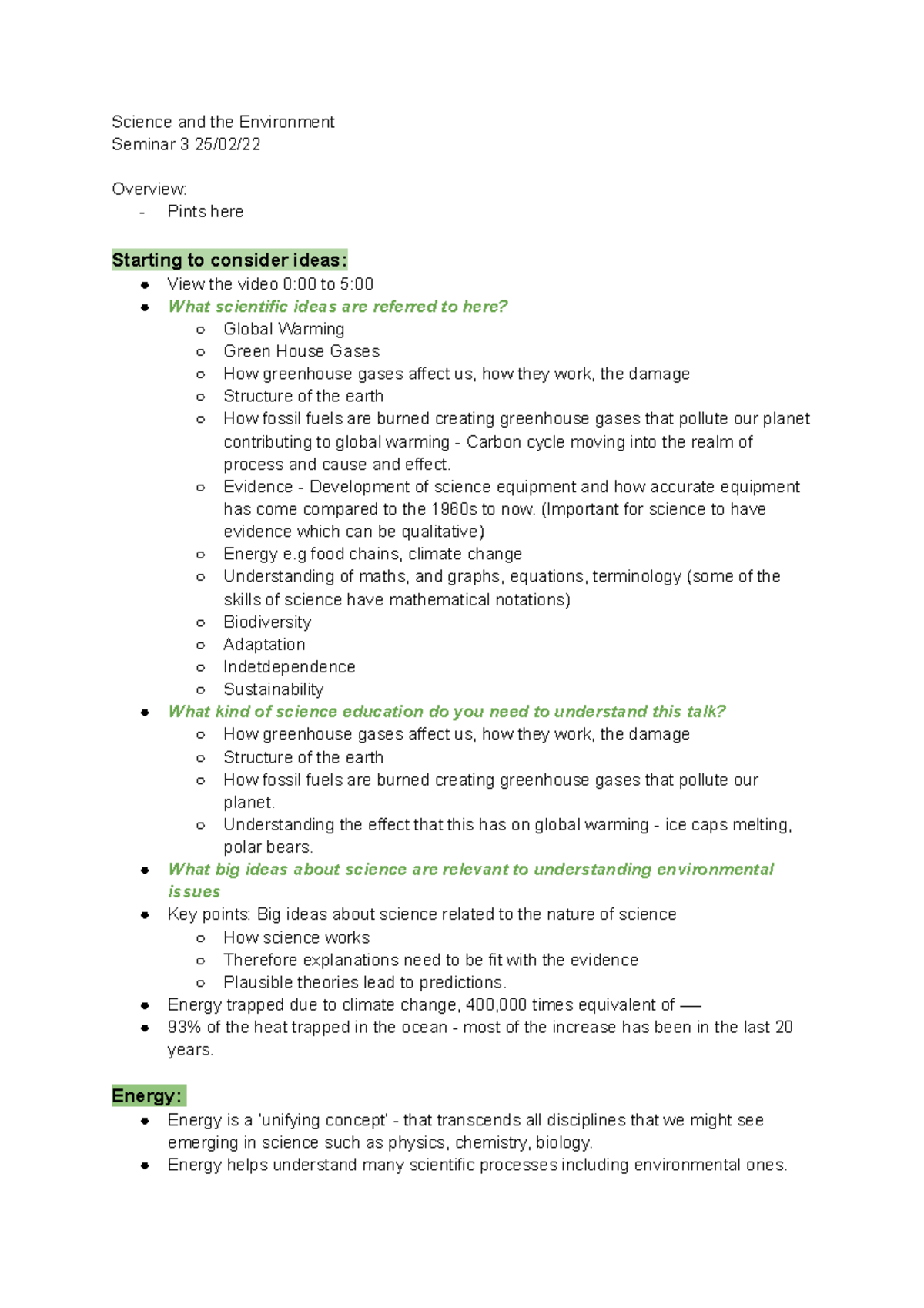S3 4 - seminar notes for lecture 3 - Science and the Environment ...