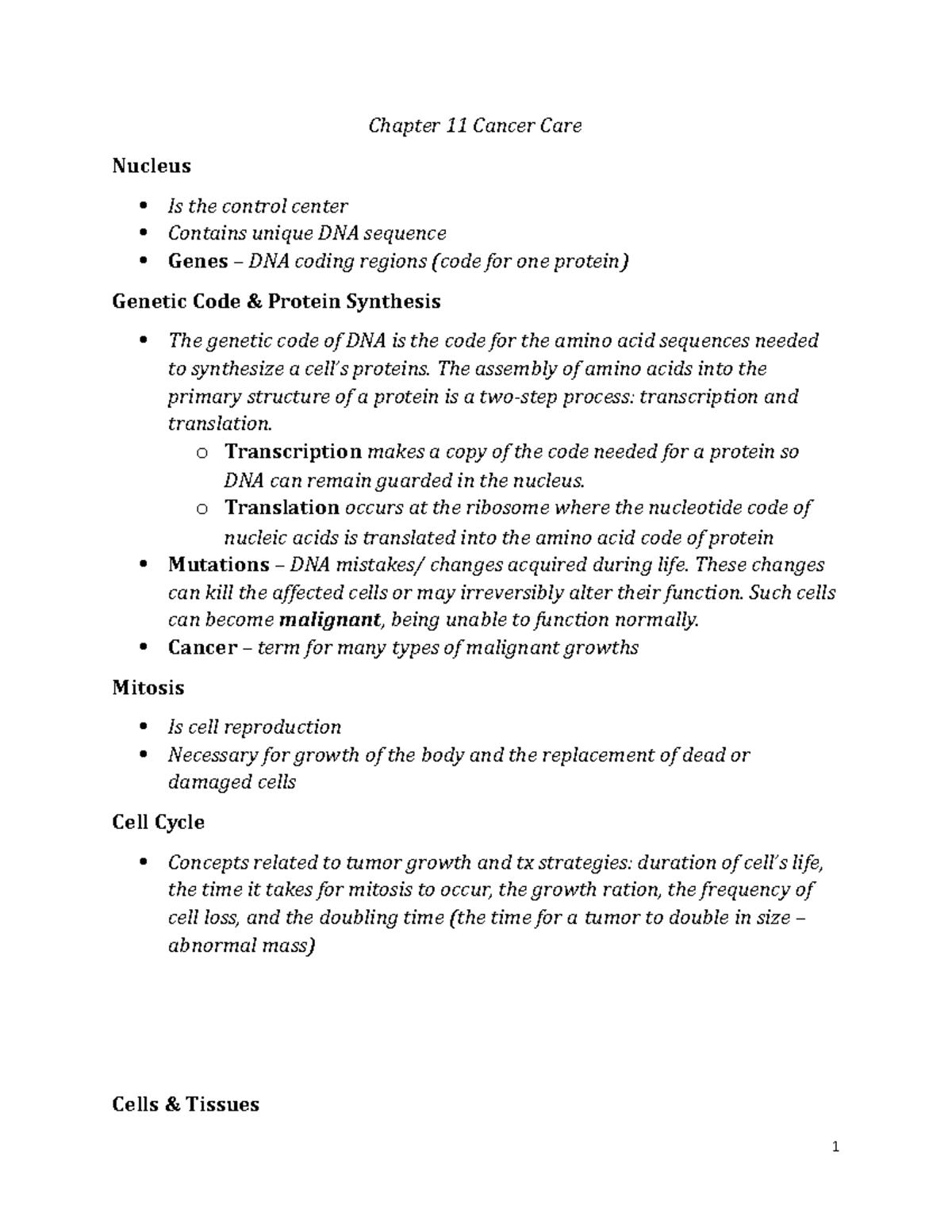 Chapter 11 Notes - Nursing Care Of Patients With Cancer - Chapter 11 ...