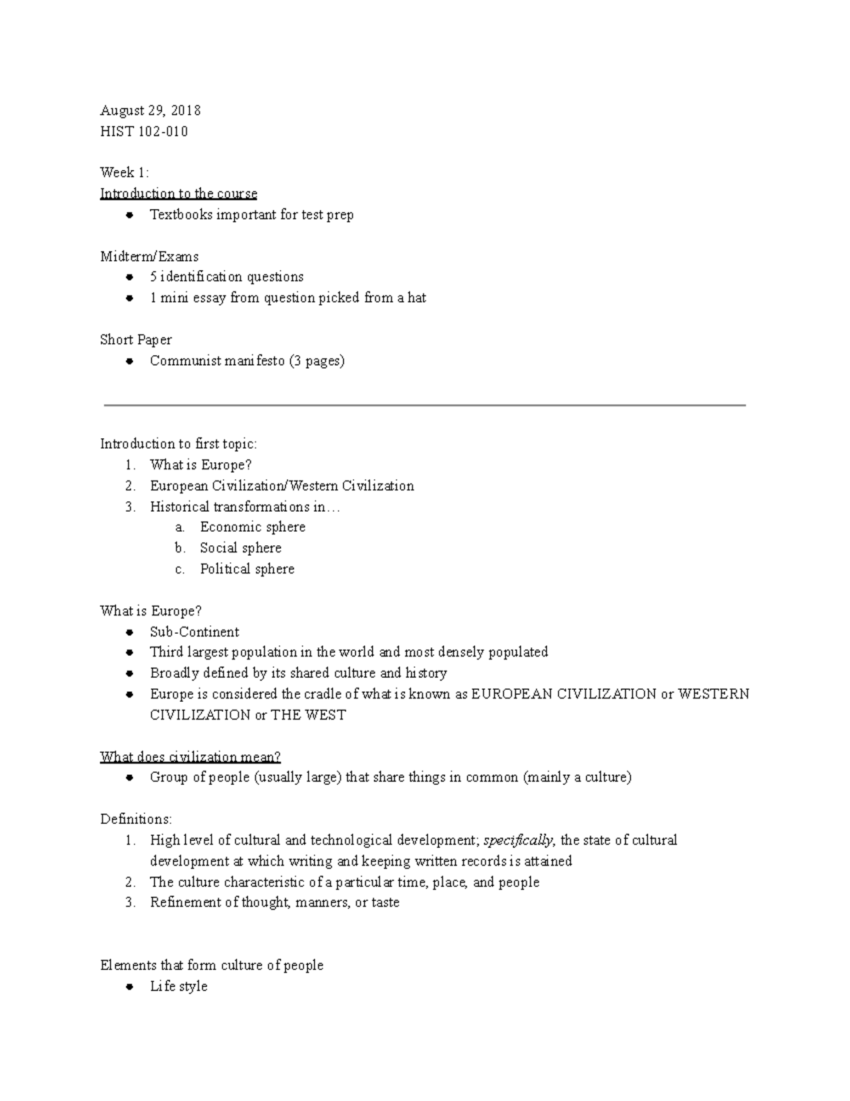 HIST notes - August 29, 2018 HIST 102- Week 1: Introduction to the ...