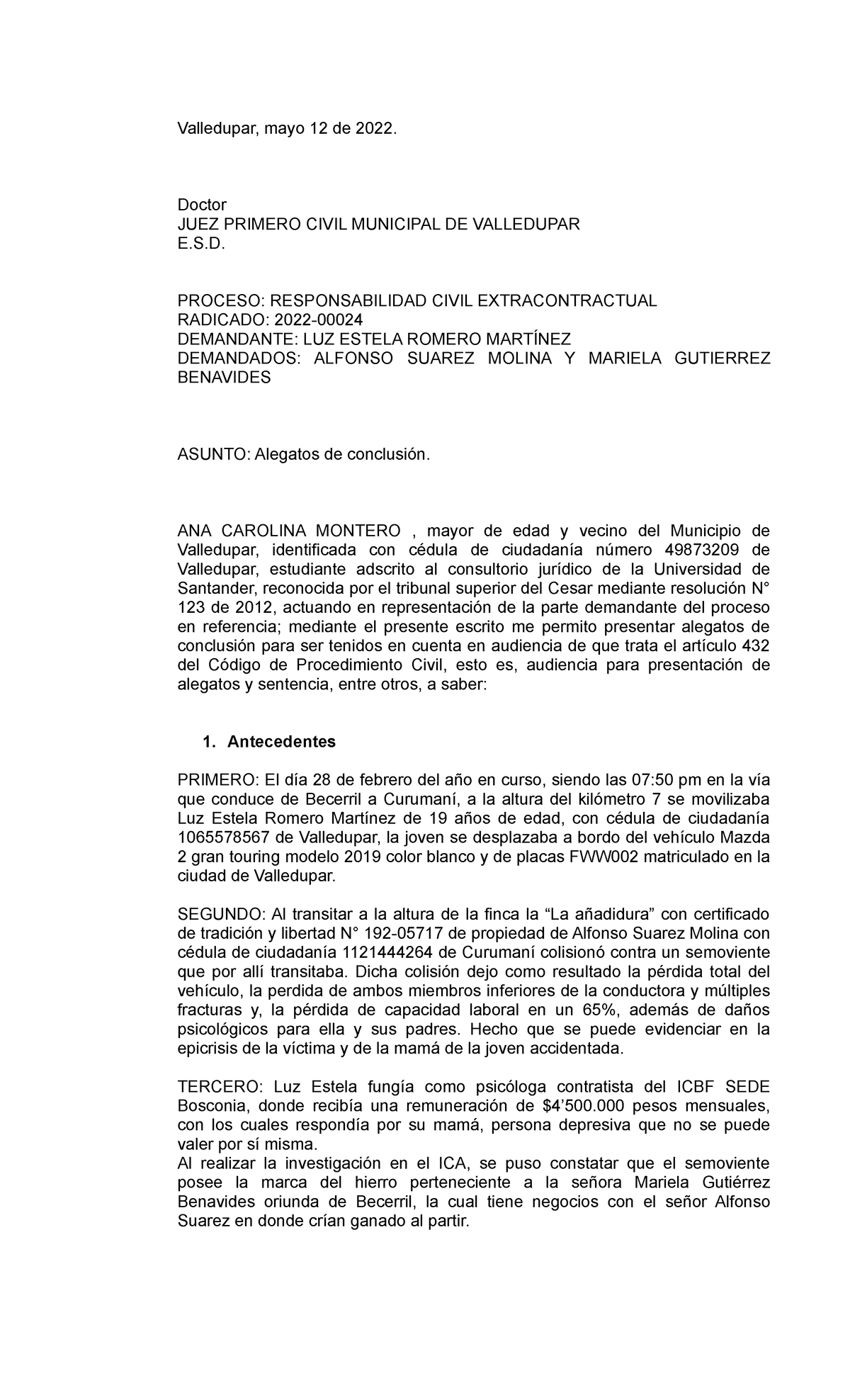 70 Modelo DE Alegatos DE Conclusion - Valledupar, mayo 12 de 2022. Doctor  JUEZ PRIMERO CIVIL - Studocu