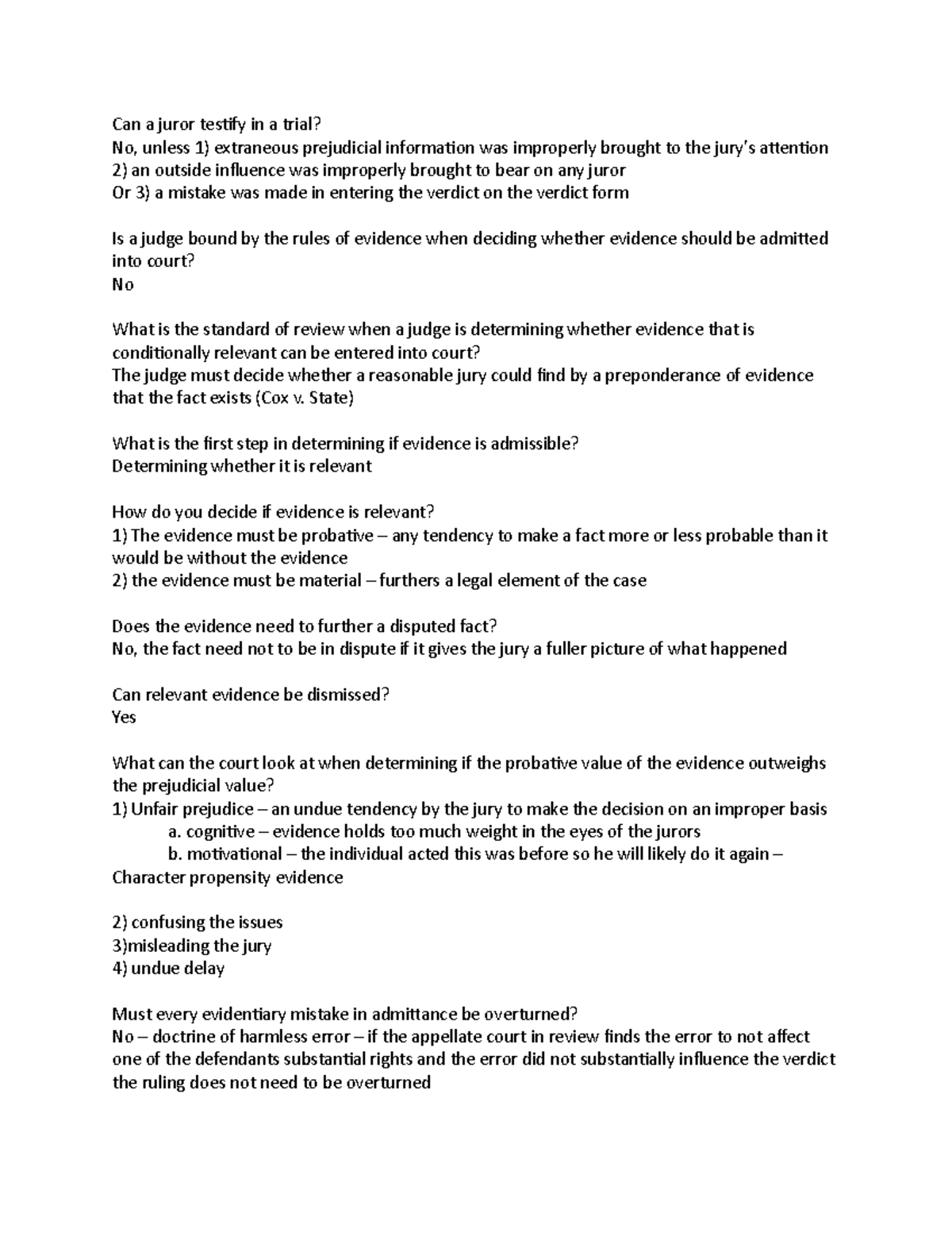 Evidence final review - Can a juror testify in a trial? No, unless 1 ...