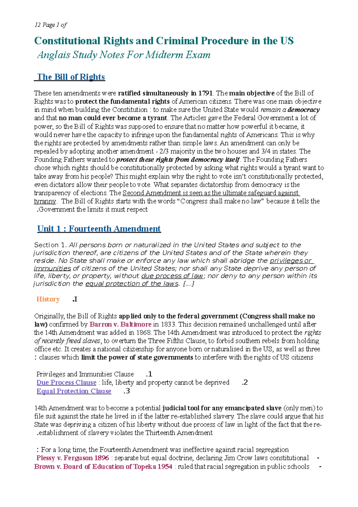 Anglais Juridique L3 S1 Summary - Constitutional Rights And Criminal ...