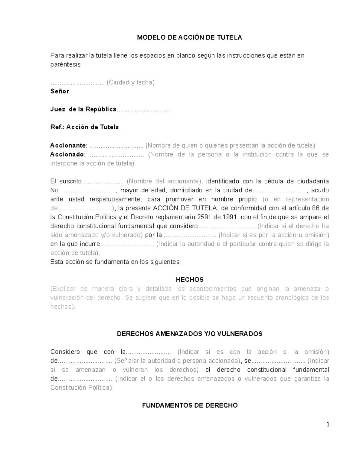 tutelaaaaaaaaaa - MODELO DE ACCIÓN DE TUTELA Para realizar la tutela ...