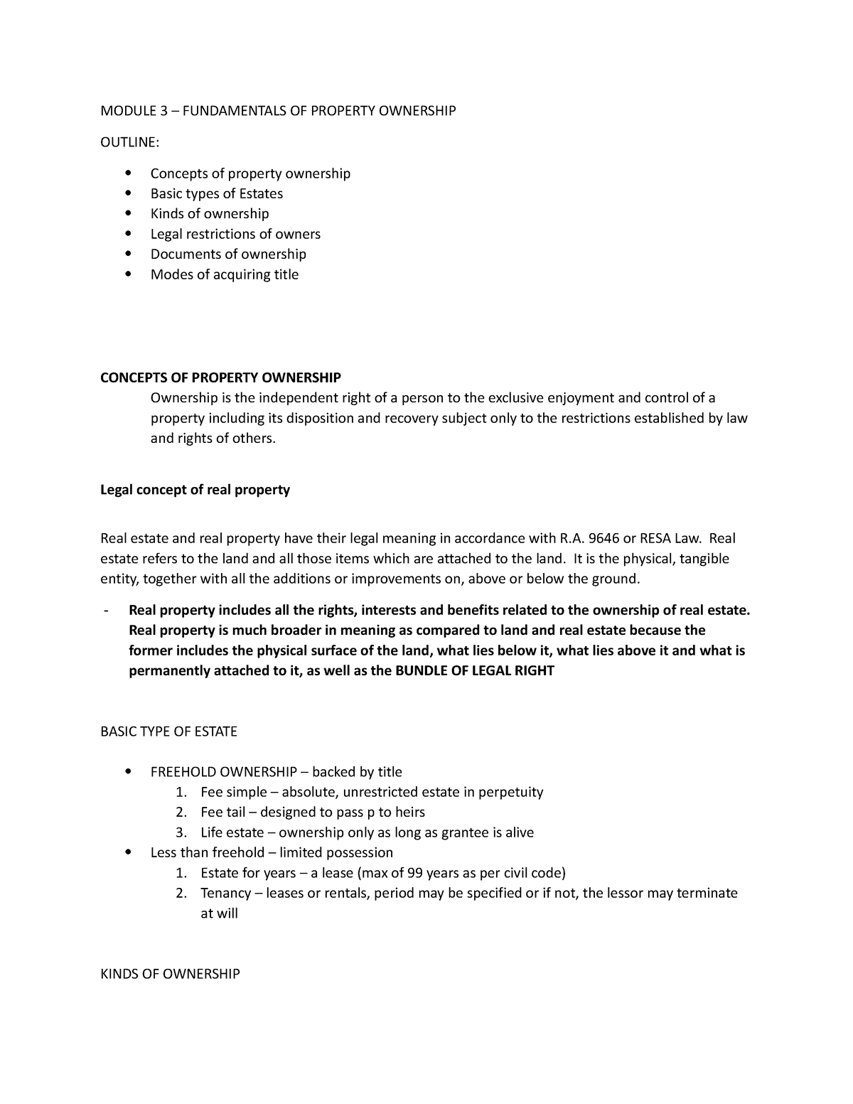 Module 3 Fundamentals OF Property Ownership Rev - MODULE 3 ...