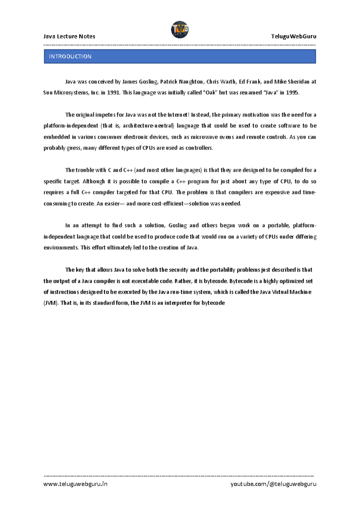 Java teaching notes by twg java was conceived by james gosling