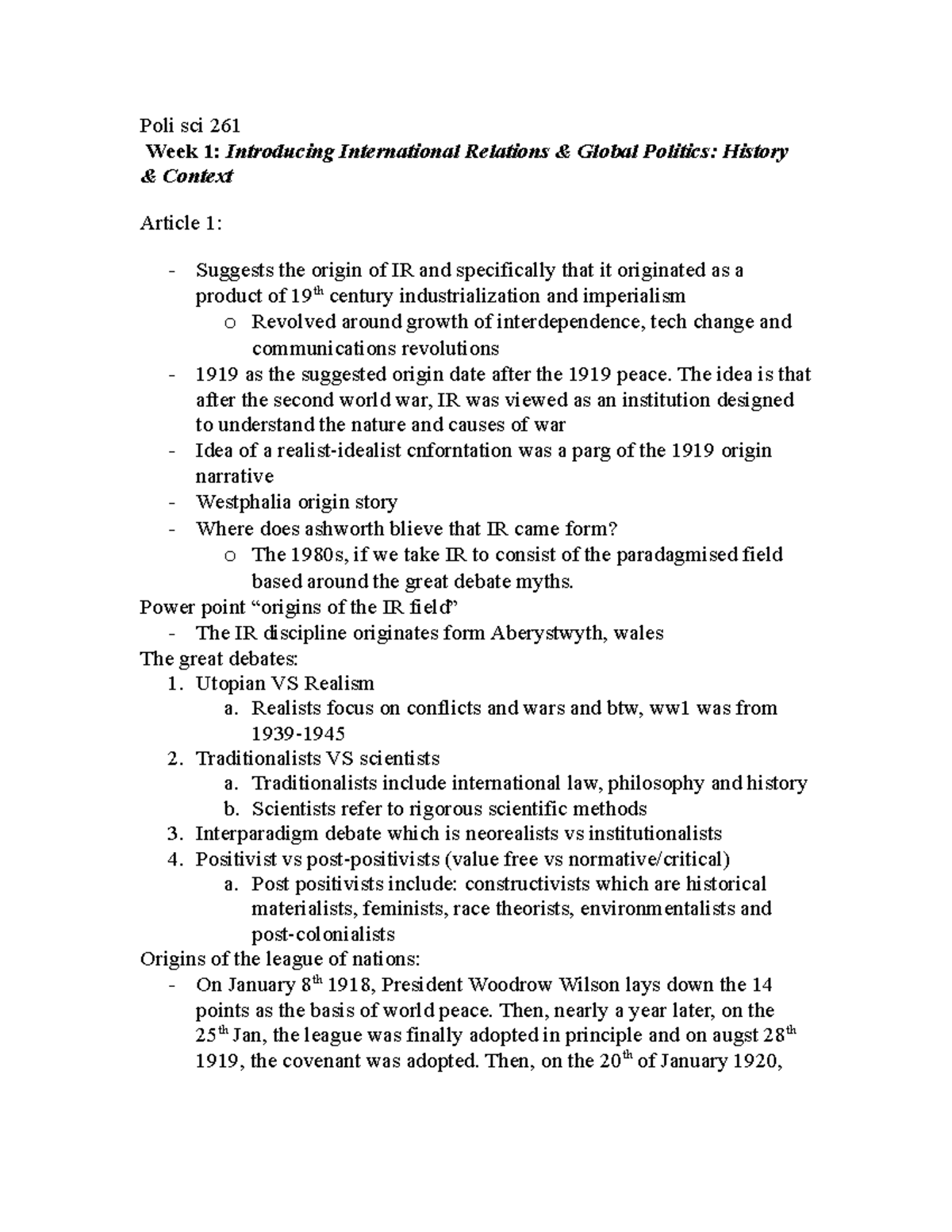 Introduction to International Relations - Poli sci 261 Week 1 ...