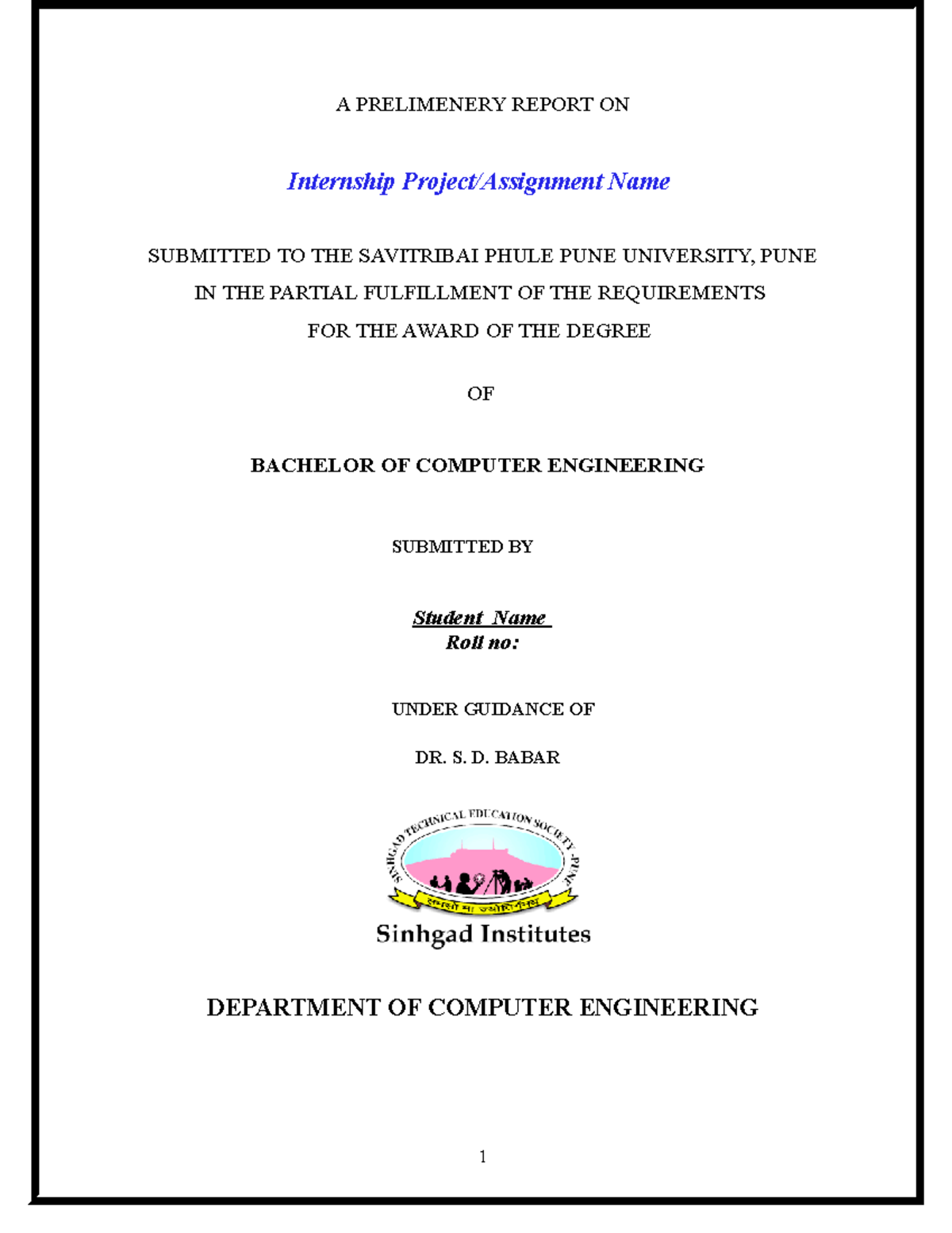 Internship Report Format - A PRELIMENERY REPORT ON Internship Project ...