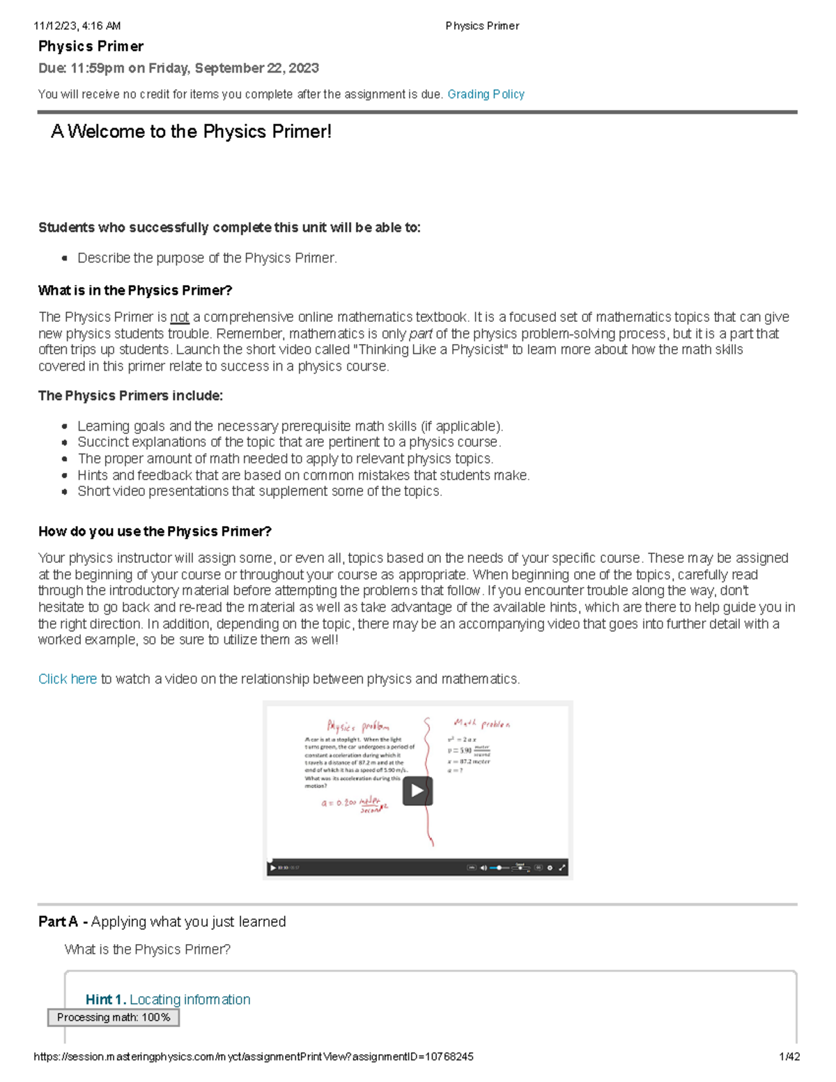 Physics Primer - ####### Physics Primer Due: 11:59pm on Friday ...