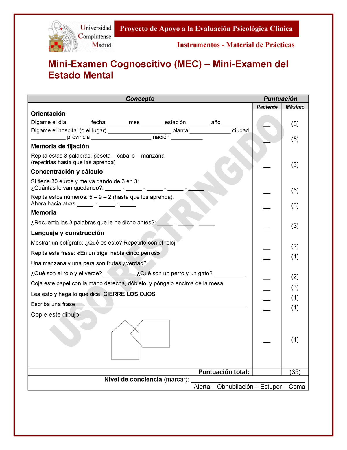 Minimental TEST PARA ADULTO MAYOR Mini Examen Cognoscitivo MEC Mini Examen Del Estado