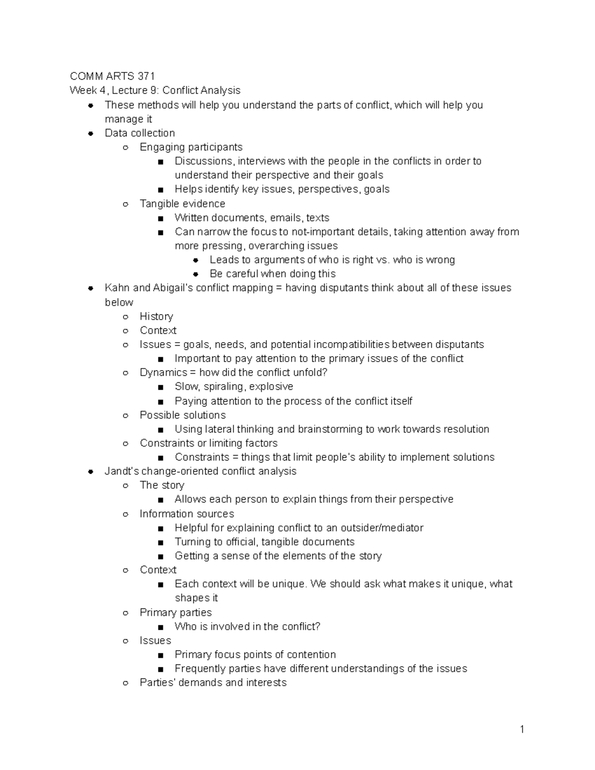 Lecture 9 - COMM ARTS 371 Week 4, Lecture 9: Conflict Analysis These ...