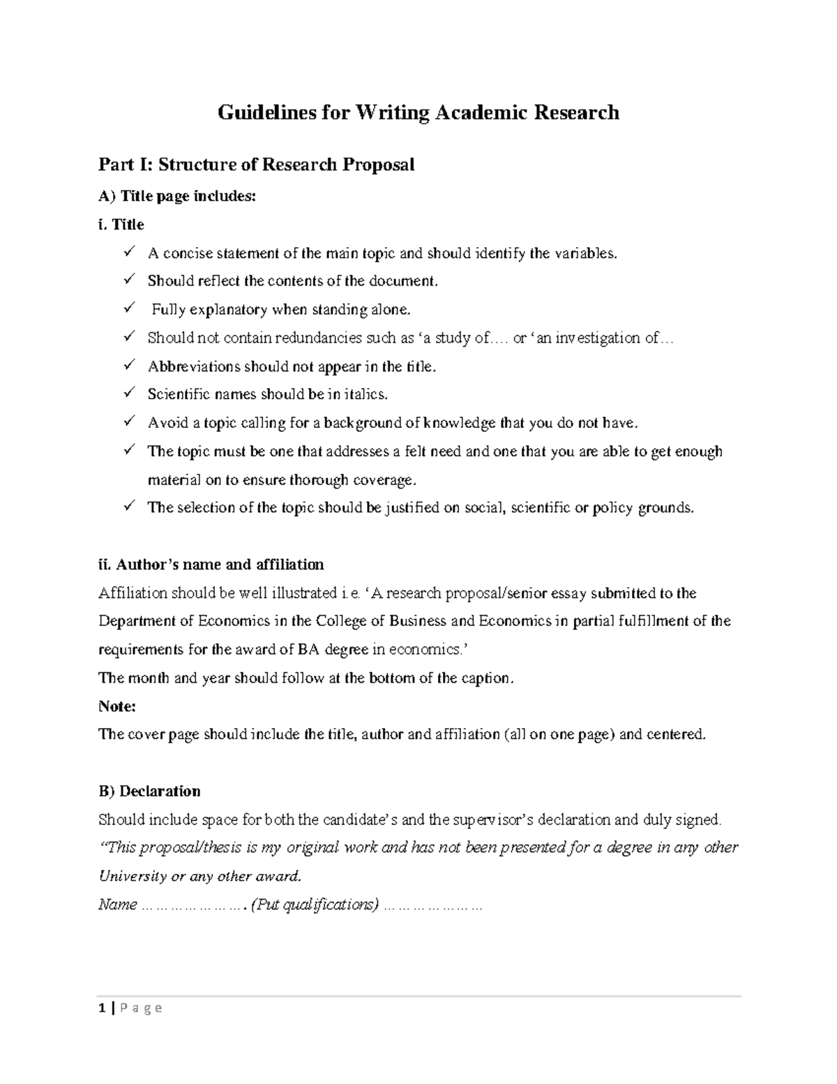 Guidelines for Writing Academic Research - Title A concise statement of ...