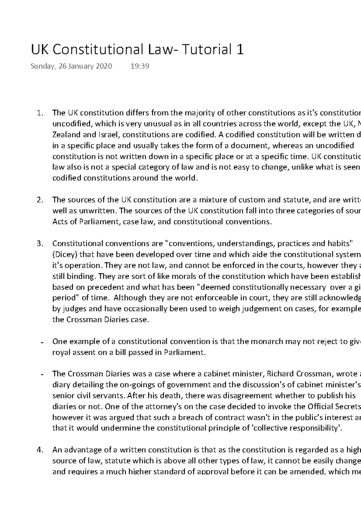UK Constitutional Law Tutorial 1 The UK constitution differs from