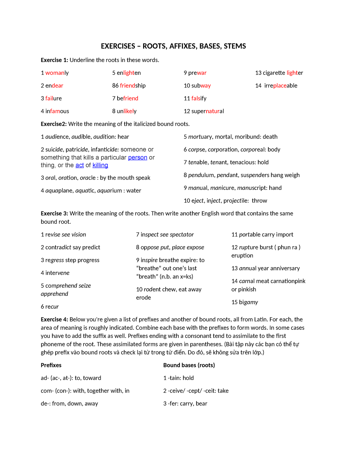 Exercises Root, Affix, Base, Stem, IC - EXERCISES – ROOTS, AFFIXES ...