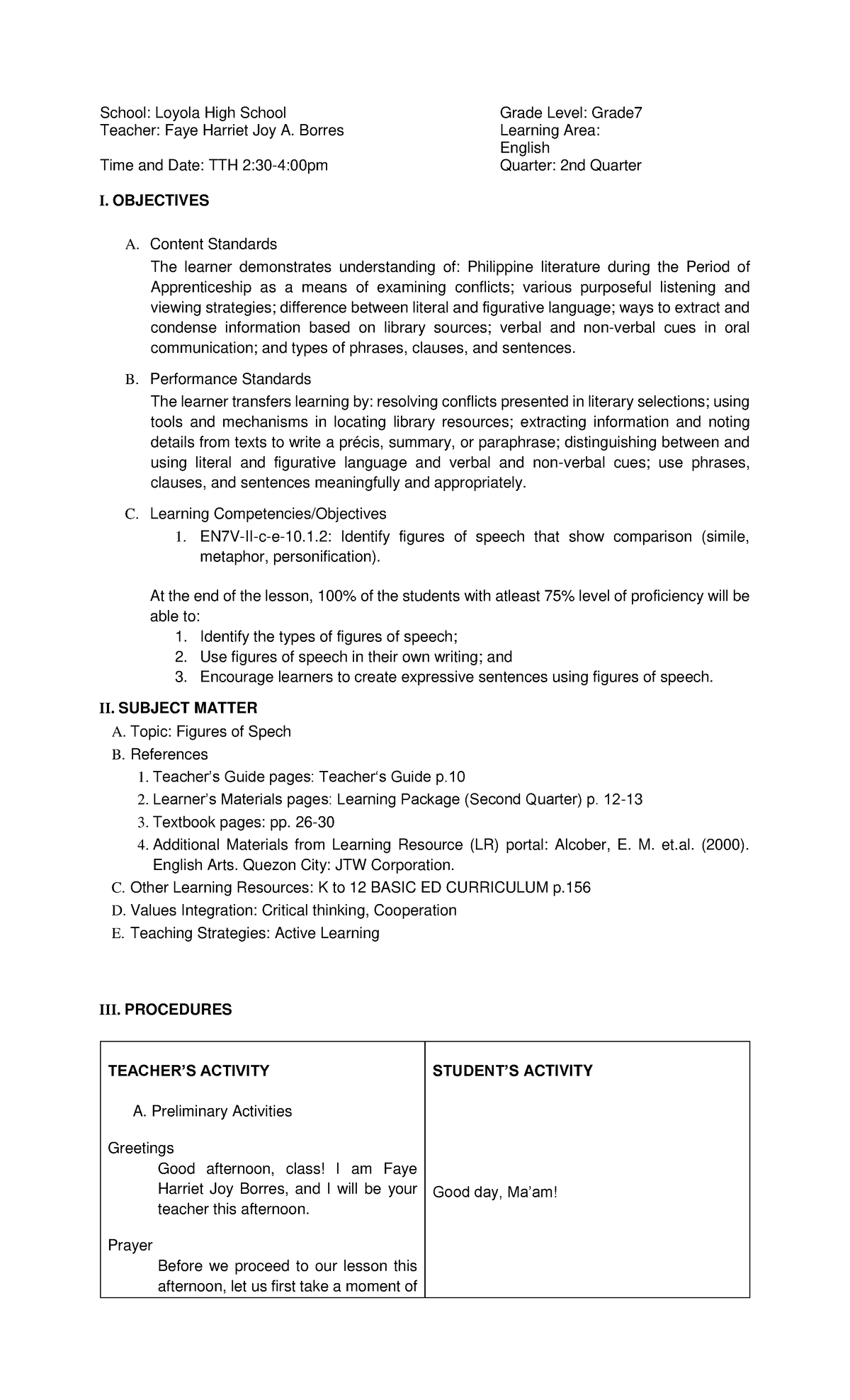 Detailed Lesson Plan Types of Figures of Speech (simile, metaphor ...