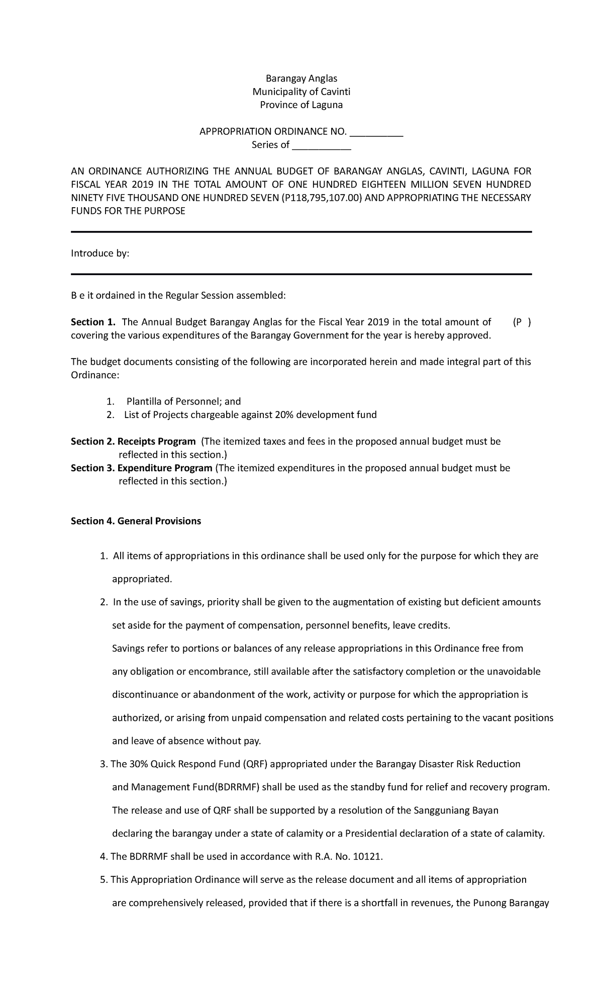 Barangay Appropriation Ordinance 2019 - Barangay Anglas Municipality of ...