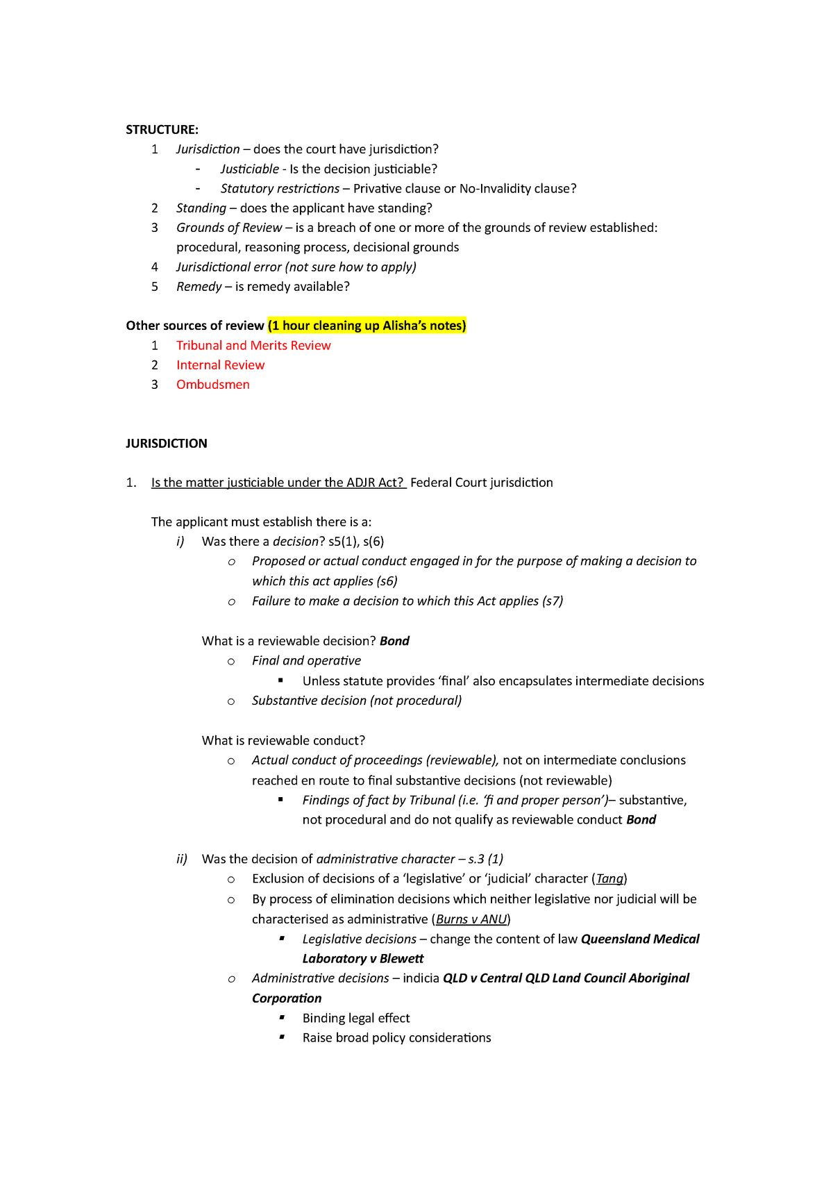 Admin final exam notes - STRUCTURE: 1 Jurisdiction – does the court Sns-Brigh10