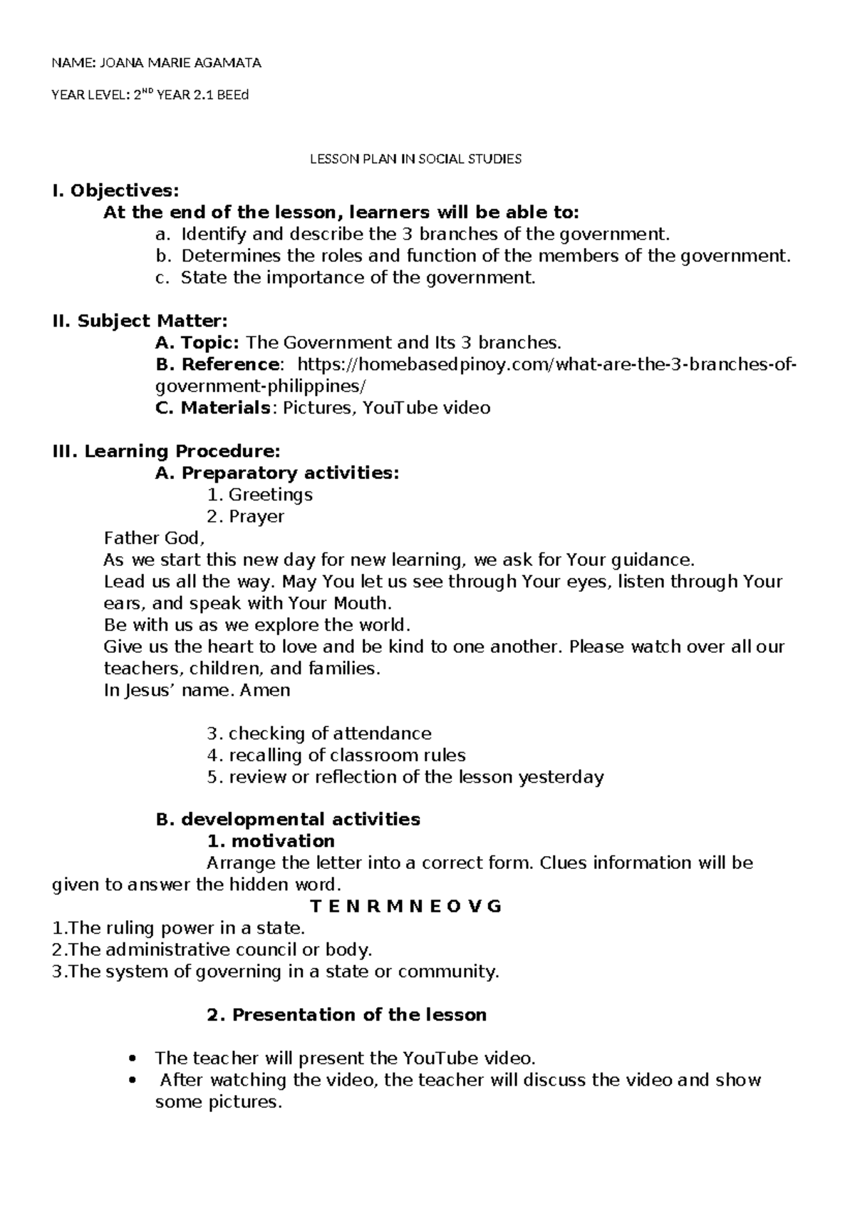 Social studies lesson plan - NAME: JOANA MARIE AGAMATA YEAR LEVEL: 2ND ...