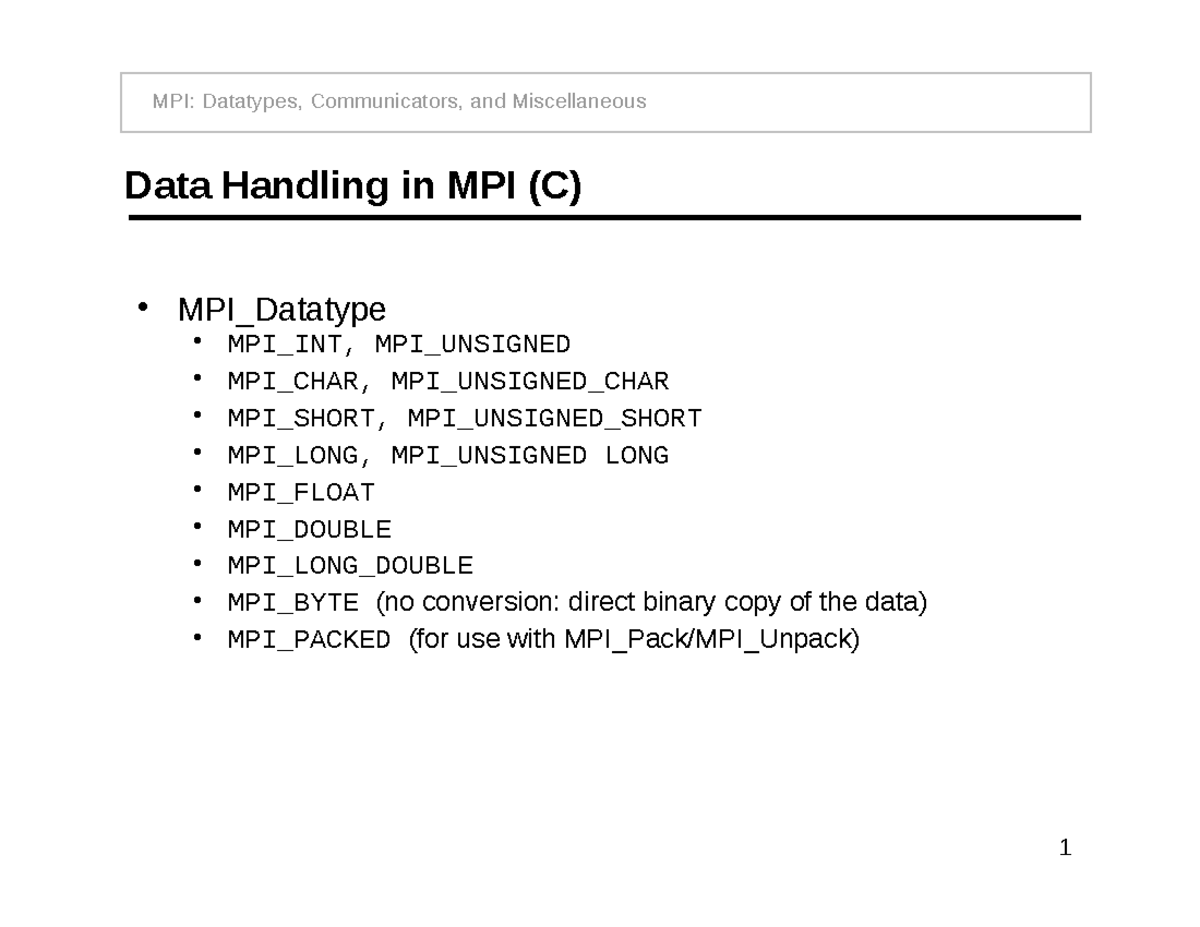 13-mpi-iii-mpi-data-handling-in-mpi-c-mpi-datatype-mpi-int-mpi