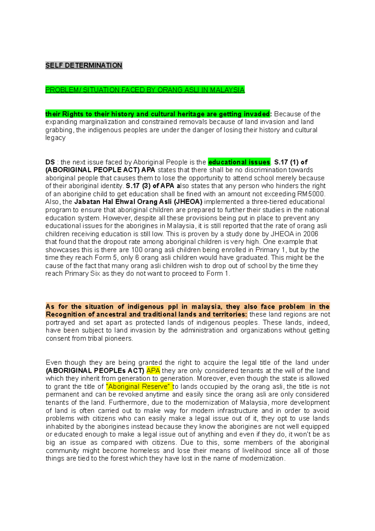 Self Determination Short Notes Self Determination Problem Situation Faced By Orang Asli In Studocu