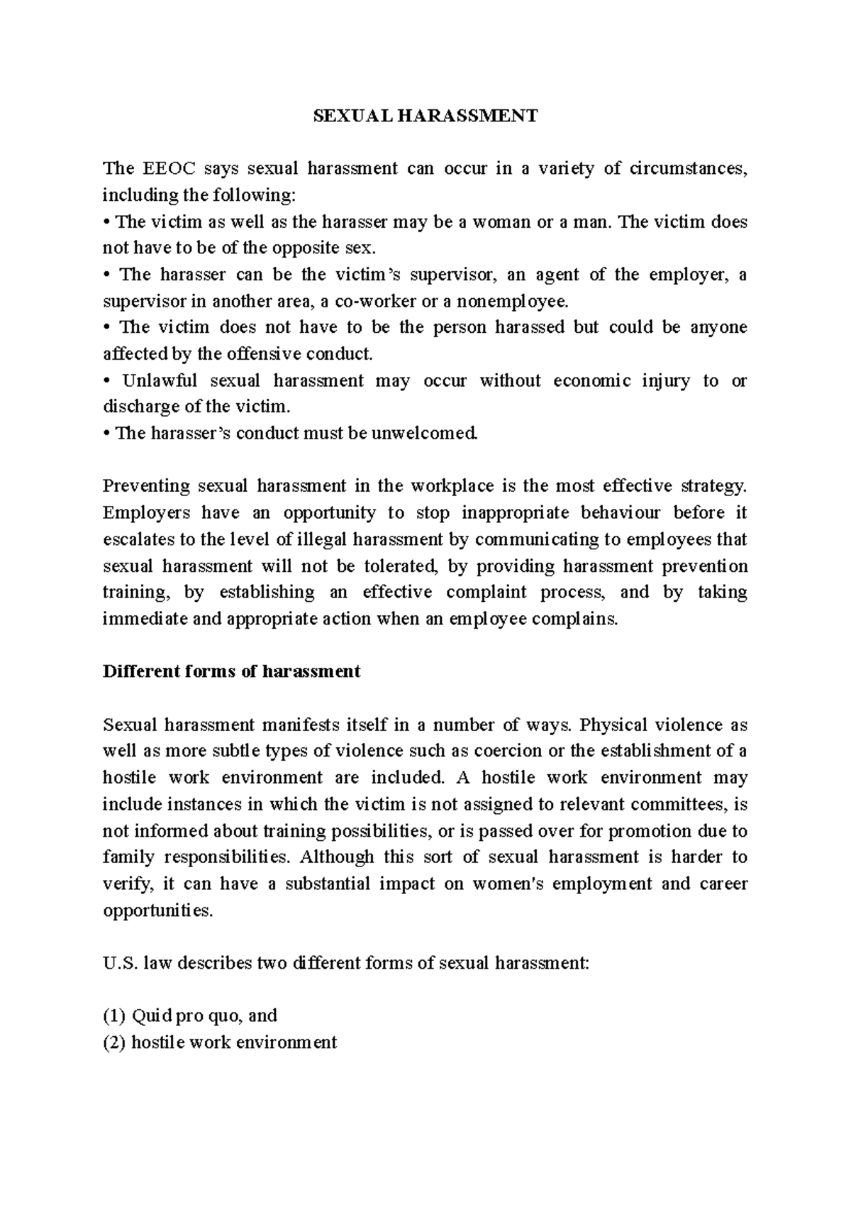 Sexual Harassment - Lecture notes 3 - SEXUAL HARASSMENT The EEOC says ...