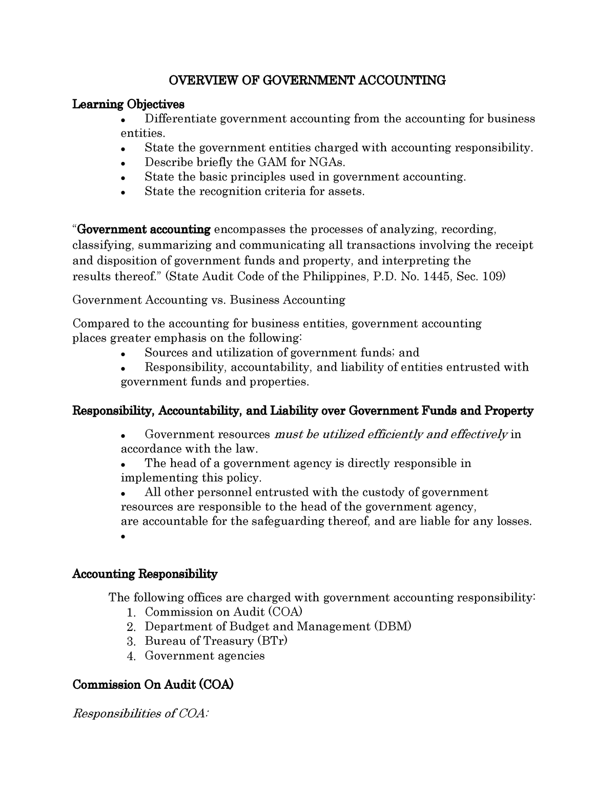 Overview OF Government Accounting - OVERVIEW OF GOVERNMENT ACCOUNTING ...