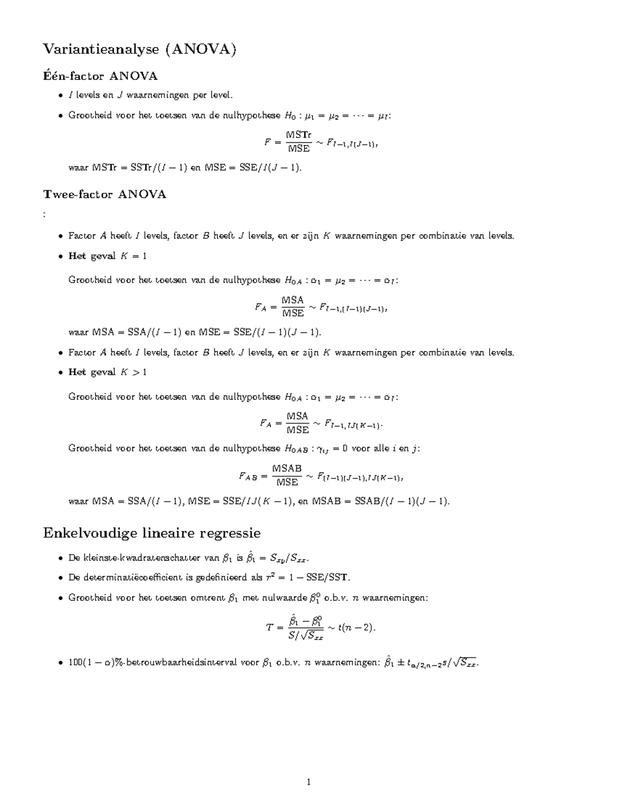 Formuleblad Deel3 - Variantieanalyse (ANOVA) E ́ ́en-factor ANOVA I ...