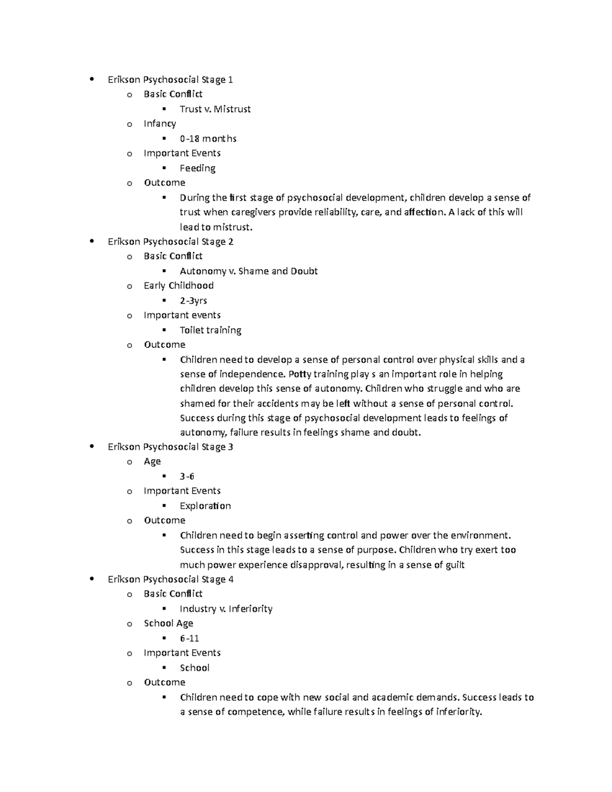 Erikson's Psychosocial Stages - Mistrust o Infancy 0-18 months o ...