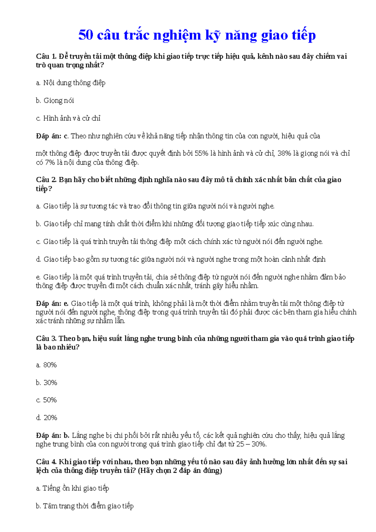 50 Câu Trắc Nghiệm Kỹ Năng Giao Tiếp - Đ ể Truy N T I M T Thông đi P ...