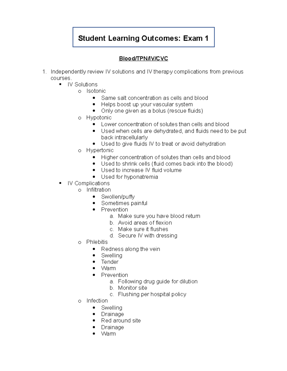 Exam 1 Study Guide - Student Learning Outcomes: Exam 1 Blood/TPN/IV/CVC ...