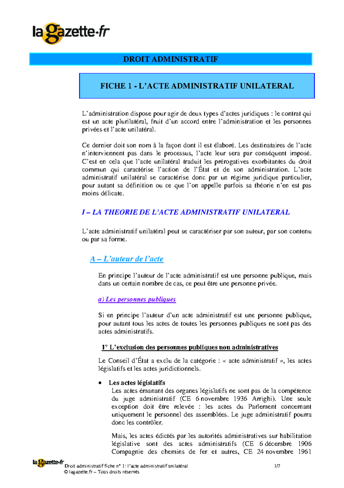 Fiche acte administratif unilatéral DROIT ADMINISTRATIF FICHE 1 L