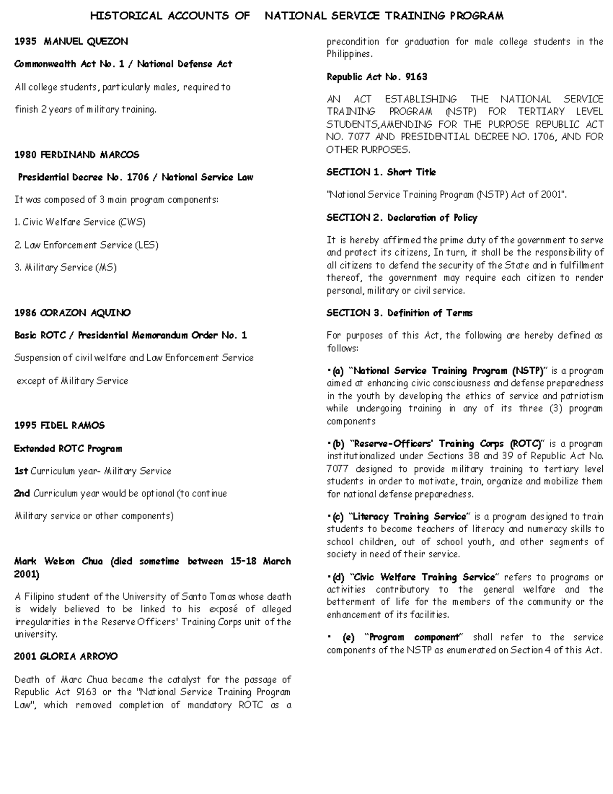 National Service Training Program lecture 1-8 - HISTORICAL ACCOUNTS OF ...