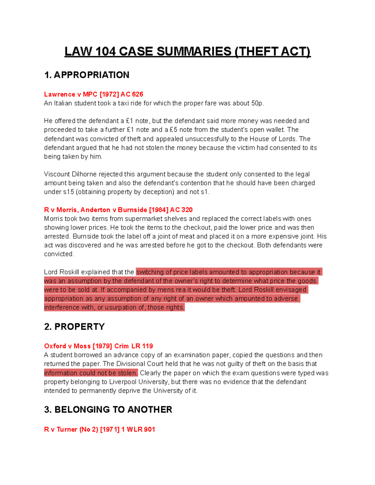 LAW 104 CASE Summaries ( Theft ACT) LAW 104 CASE SUMMARIES (THEFT ACT