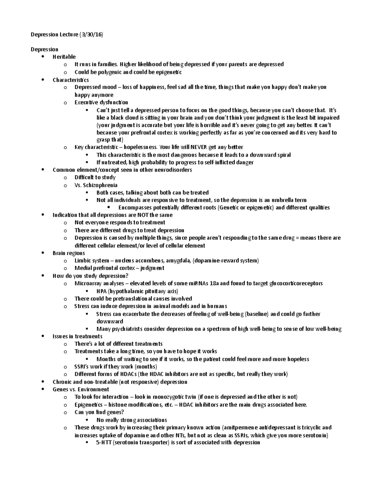 Depression Lecture Notes - Depression Lecture (3/30/16) Depression ...