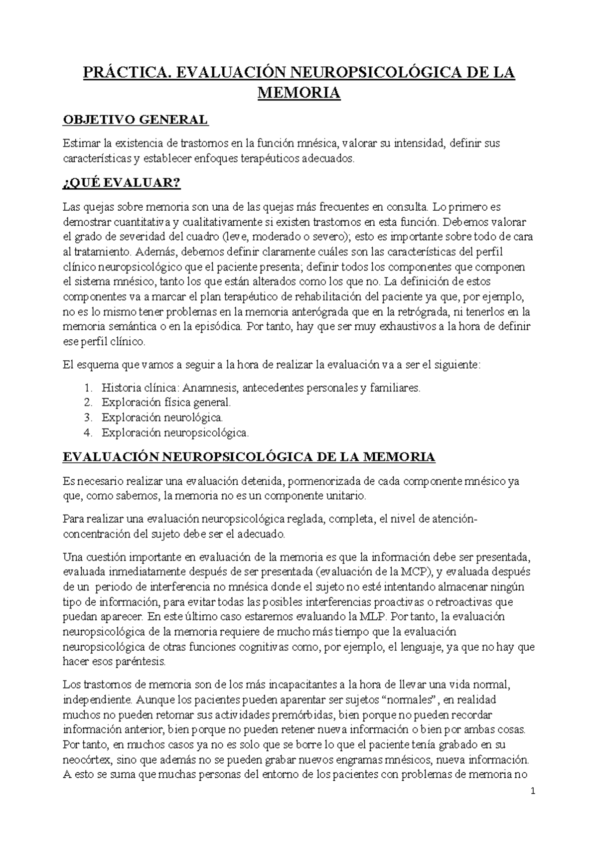 Evaluación Neuropsicológica De La Memoria - PRÁCTICA. EVALUACIÓN ...