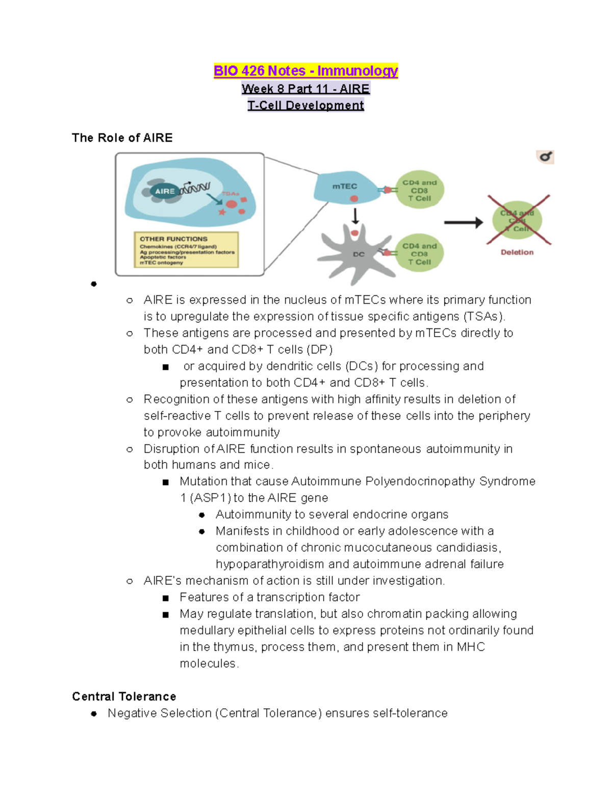 BIO 426 Week 8 Lecture Notes Part 11 - AIRE - BIO 426 Notes ...