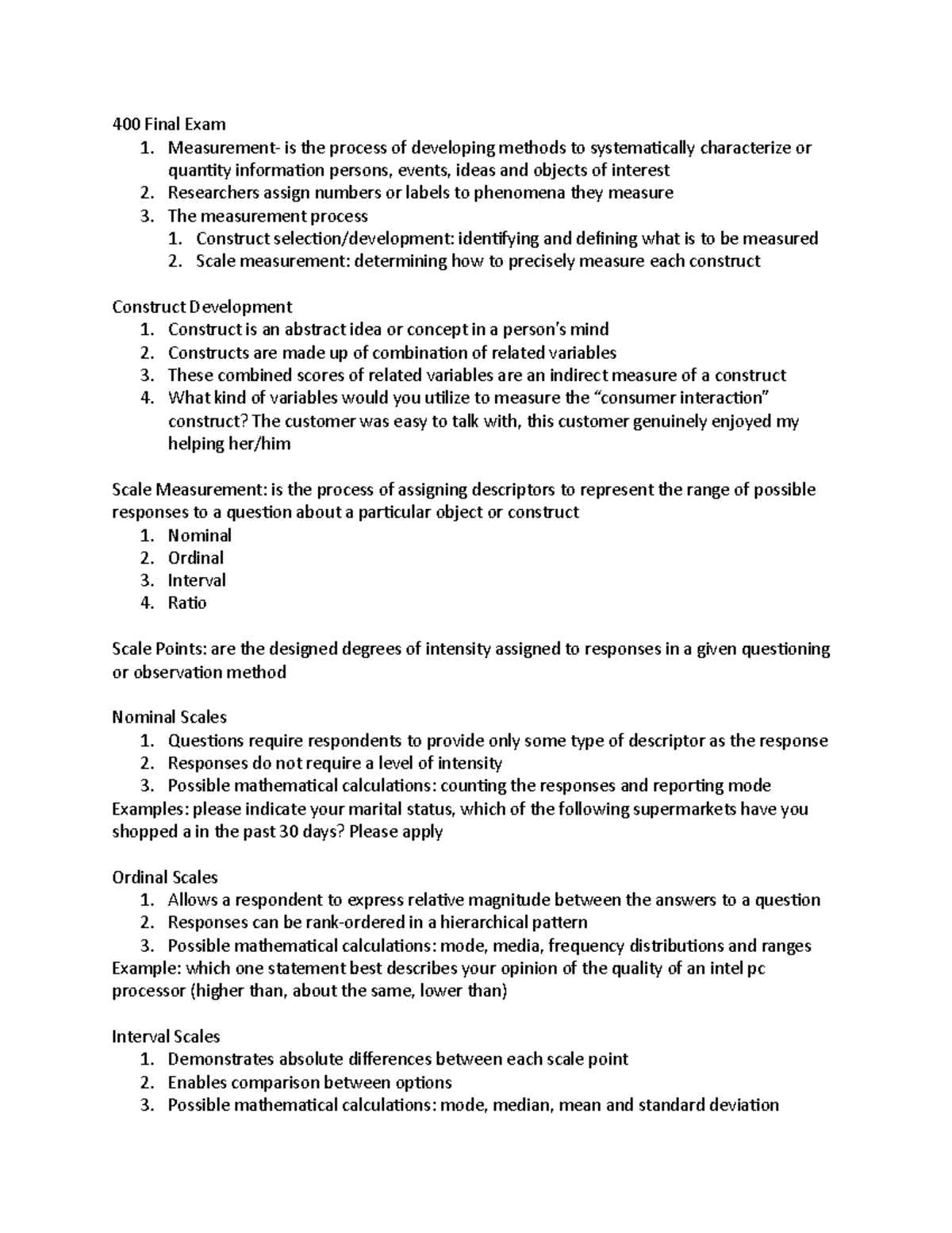 400 Final Exam - Study guide - 400 Final Exam 1. Measurement- is the ...