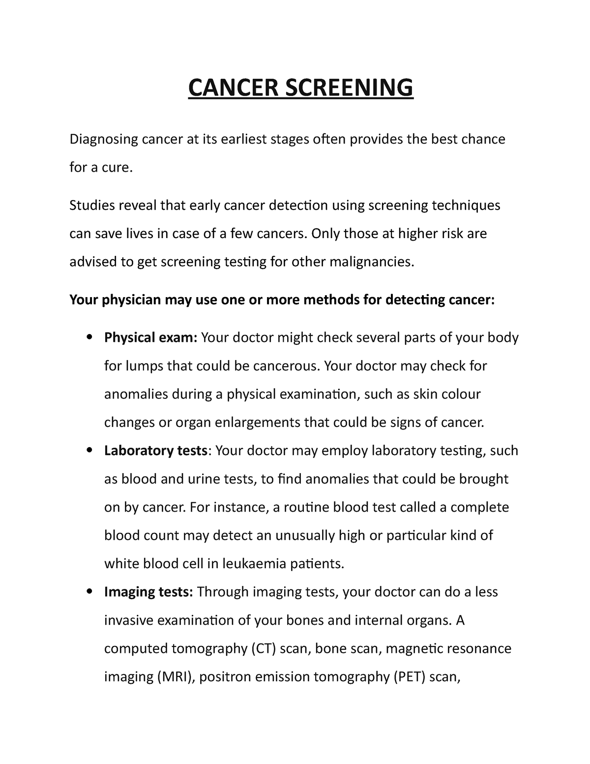 essay on cancer screening