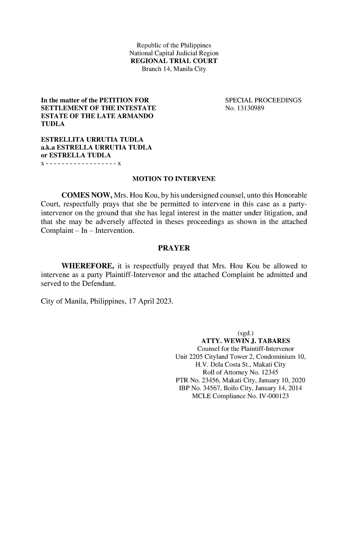 Motion For Intervention - Republic Of The Philippines National Capital ...