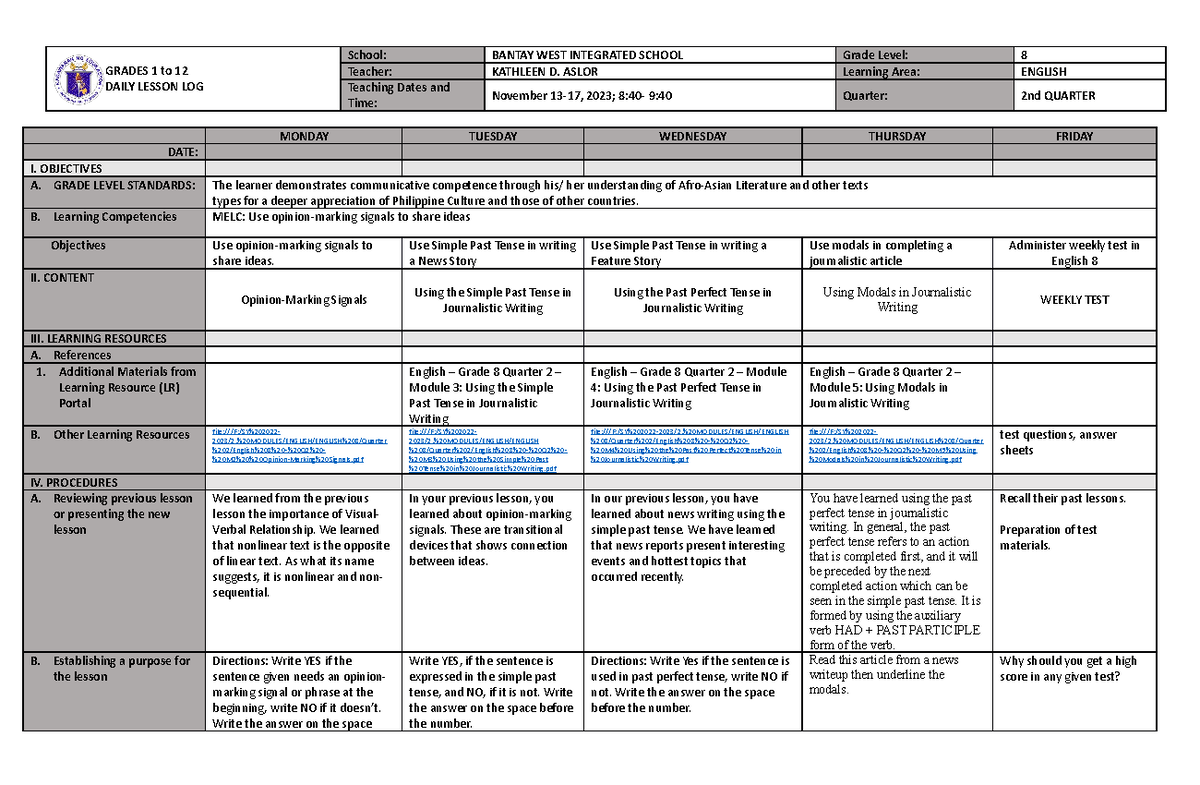 Nov. 13-17 english q2 - dll - GRADES 1 to 12 DAILY LESSON LOG School ...
