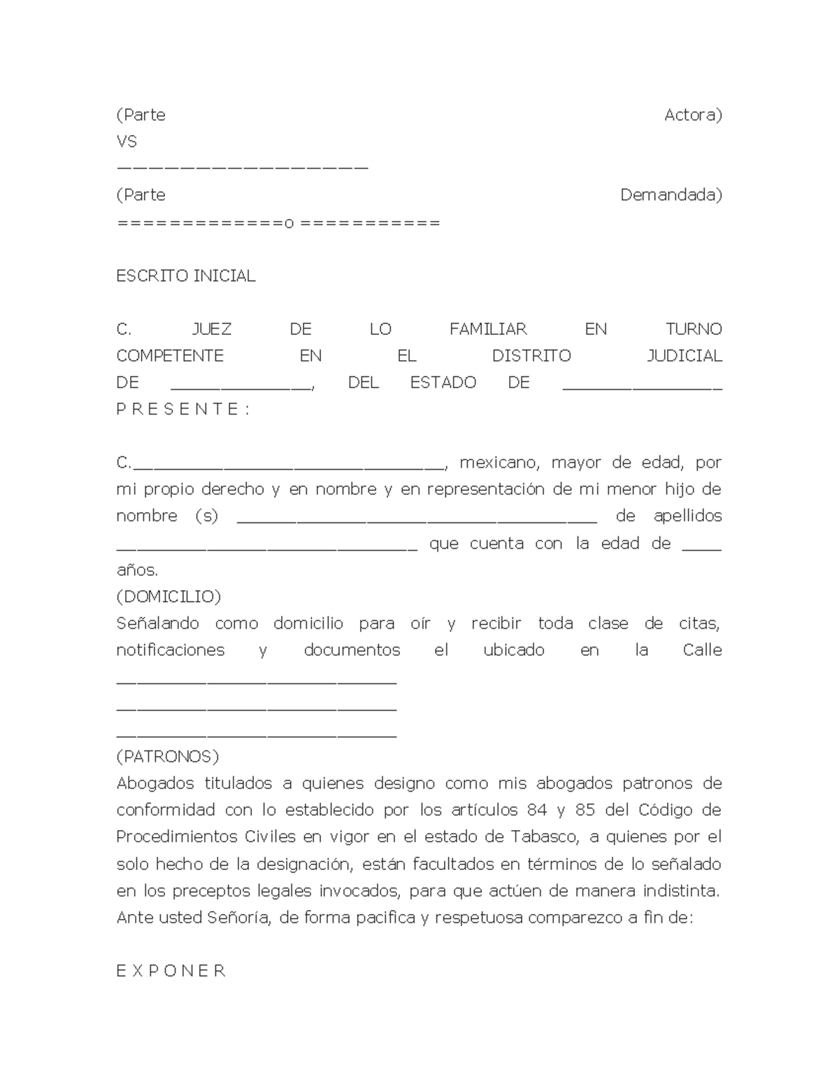 Guarda Y Custodia - (Parte Actora) VS ———————————————— (Parte Demandada ...