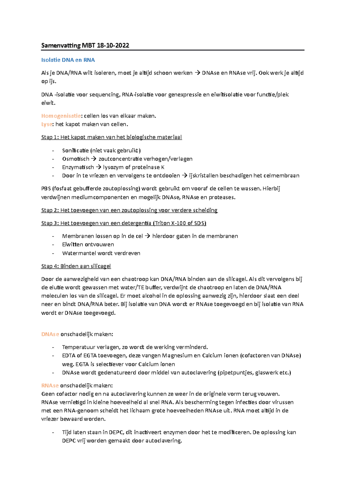 Samenvatting Tentamen Samenvatting Mbt Isolatie Dna En Rna Als Je Dna Rna Wilt Isoleren