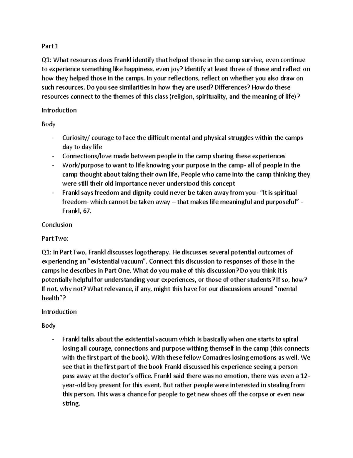 Frankl essay draft - Part 1 Q1: What resources does Frankl identify ...