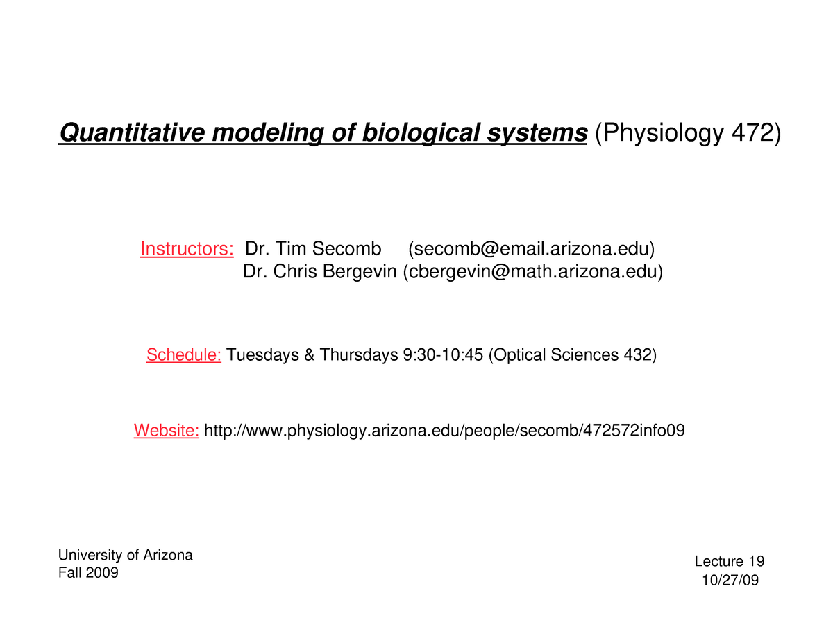 Physiology Lecture Note 16 - Quantitative Modeling Of Biological ...