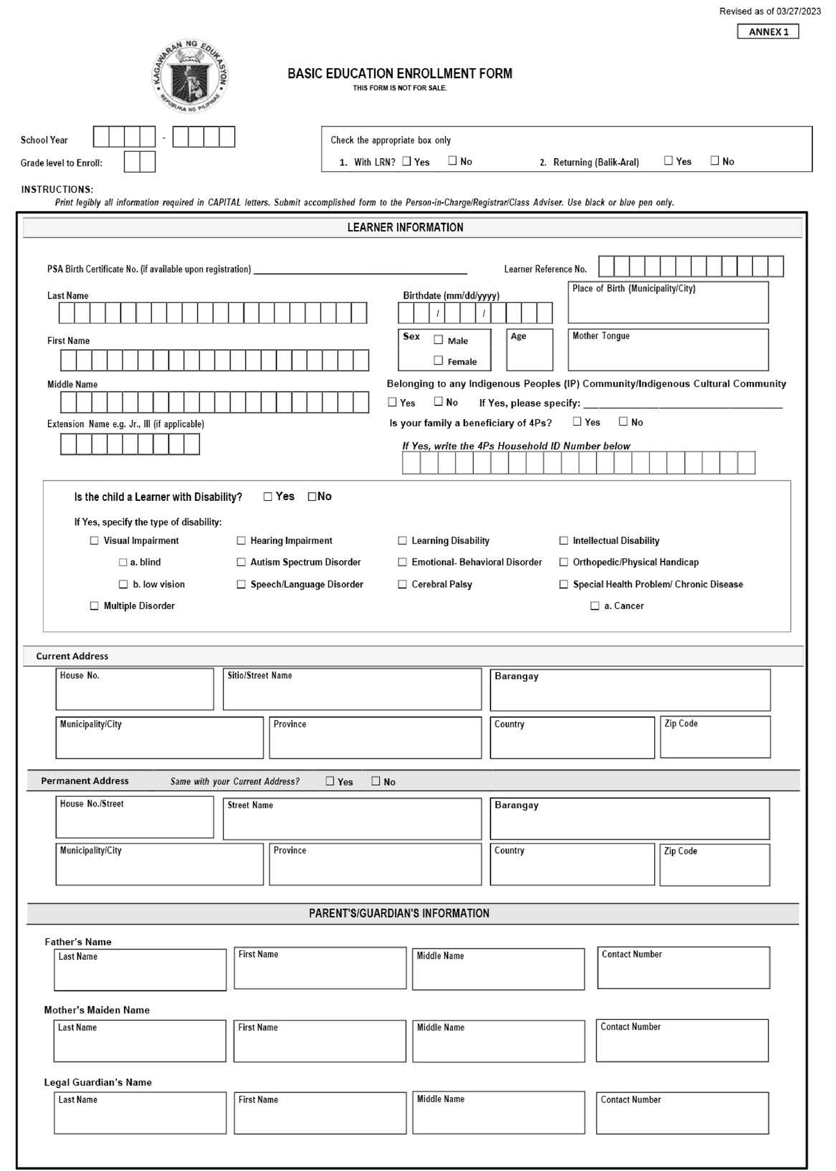 Annex Basic Education Enrollment Form - For Returning Learner (Balik ...