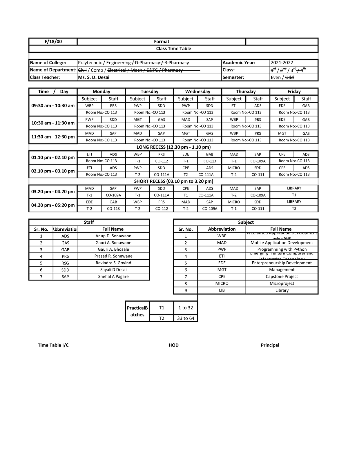 TYCO Final Time Table - Civil / Comp / Electrical / Mech / E&TC ...