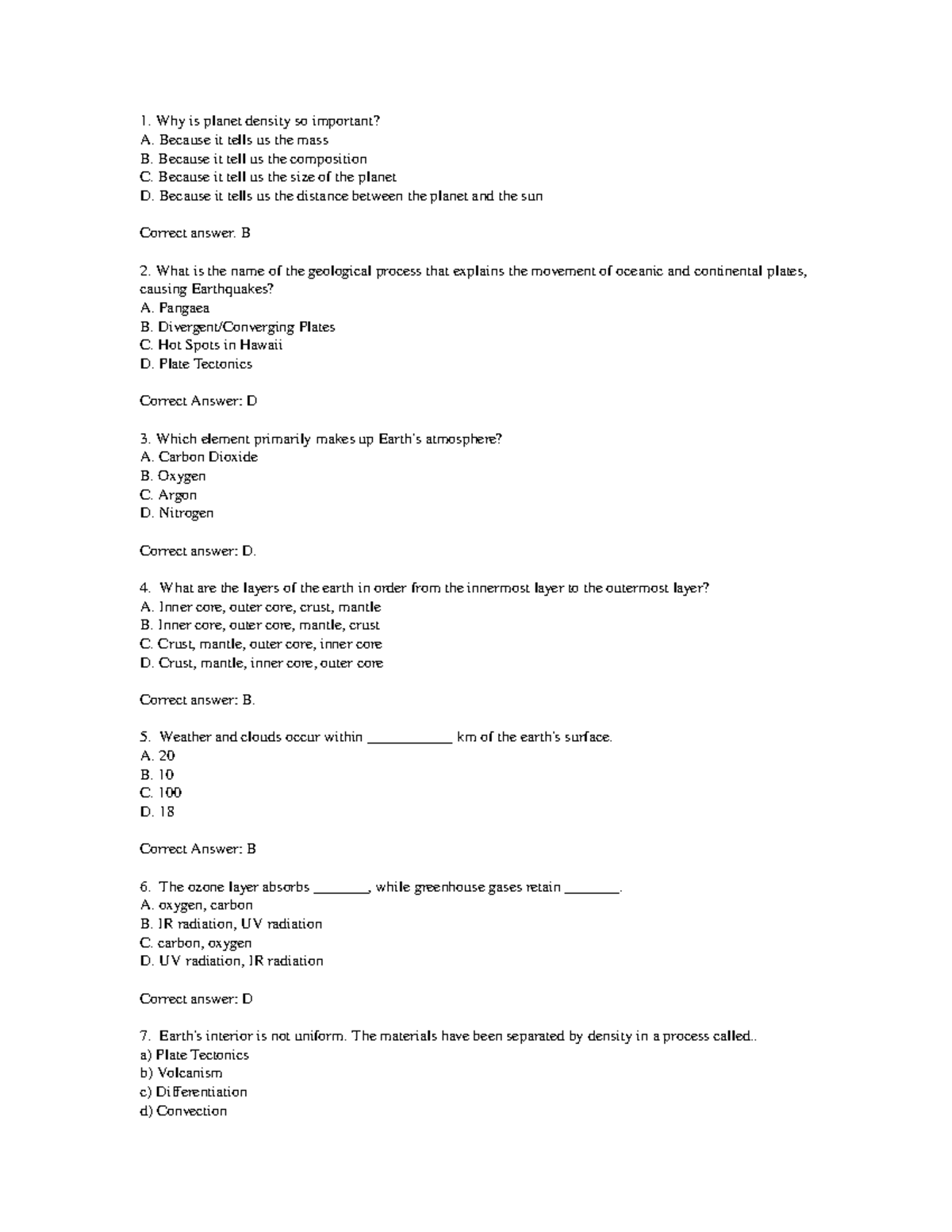Earth Questions Test 2 Spring 2016 - 1. Why is planet density so ...