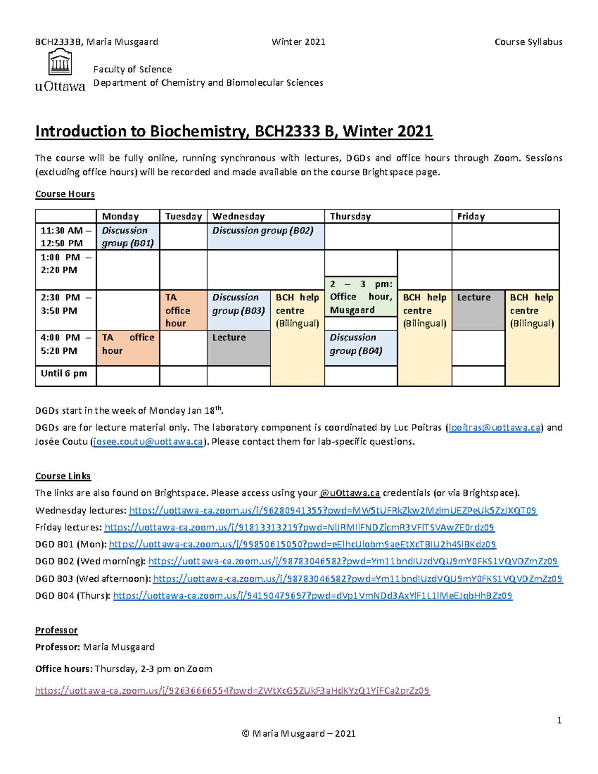 BCH2333 B Syllabus W2021 - 1 Faculty Of Science Department Of Chemistry ...