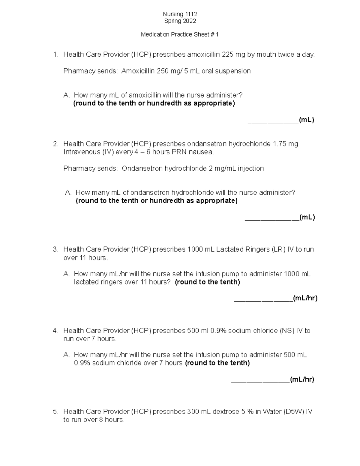 Medication Calculation - Practice Sheet - Nursing 1112 - Nursing 1112 ...